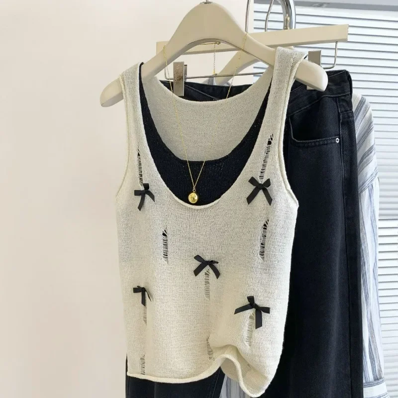 

Fake Two-piece U-neck Bow Knitted Suspender Women's Summer Sleeveless Korean Style 2024 New Sweet Outfit Ins Tank Top