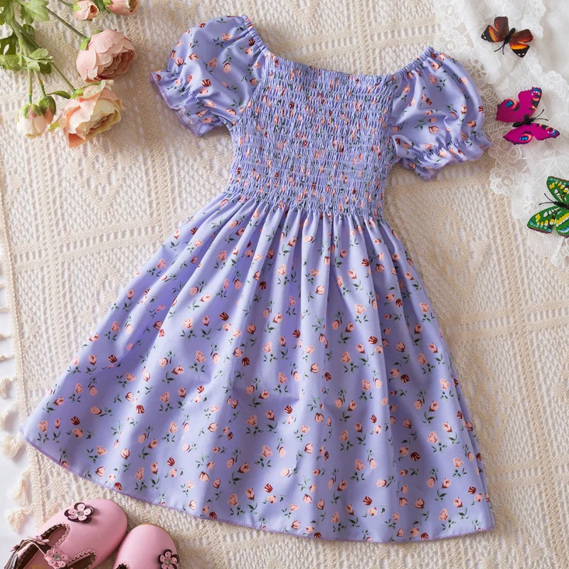 2026 S/S New Arrival: Korean Style Puff Sleeve Princess Dress for Girls – Floral Print Short Sleeve Vacation Sundress