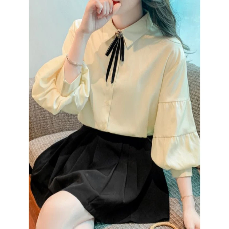 Women Korean Bow Sweet Kawaii Shirts Spring Summer Solid 3/4 Sleeve Loose Elegant Blouses Chic Casual Tops Blusa Mujer Moda 2023