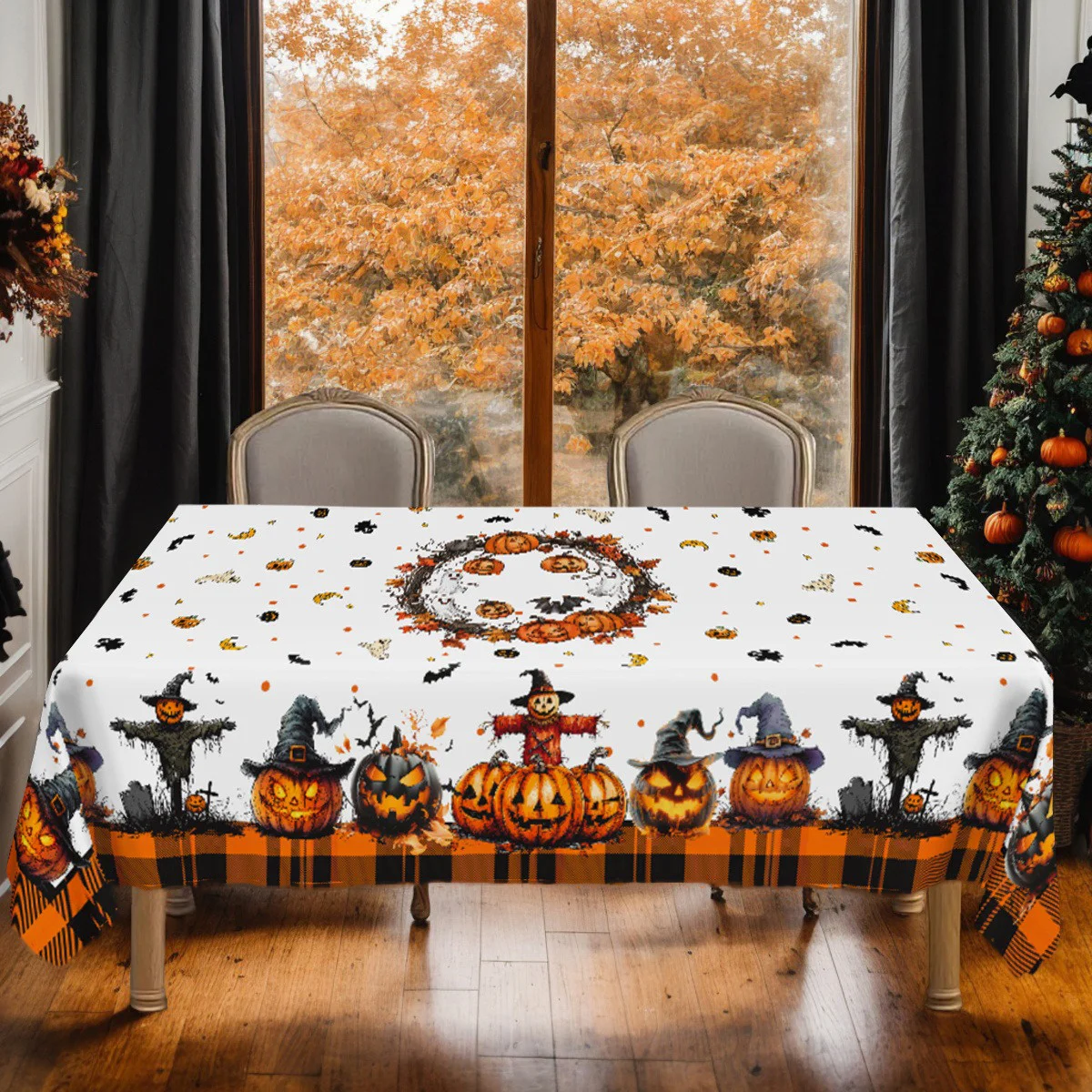 【2D】Tablecovers 1pc Halloween and Day of the Dead Tablecloth Buffalo Check Pumpkin Print with Witch Hatzyc