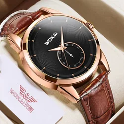 WOKAI-reloj de cuarzo con correa de cuero para hombre, accesorio masculino de alta calidad, resistente al agua, con puntos grandes y personalidad, sencillo y retro