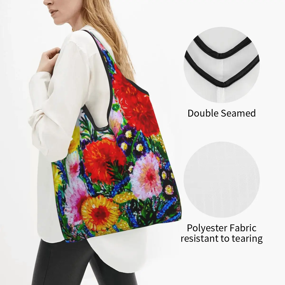 Recycling Vintage Flower Floral Arrangement Shopping Bag Women Tote Bag Portable Gustav Klimt Painting Grocery Shopper Bags