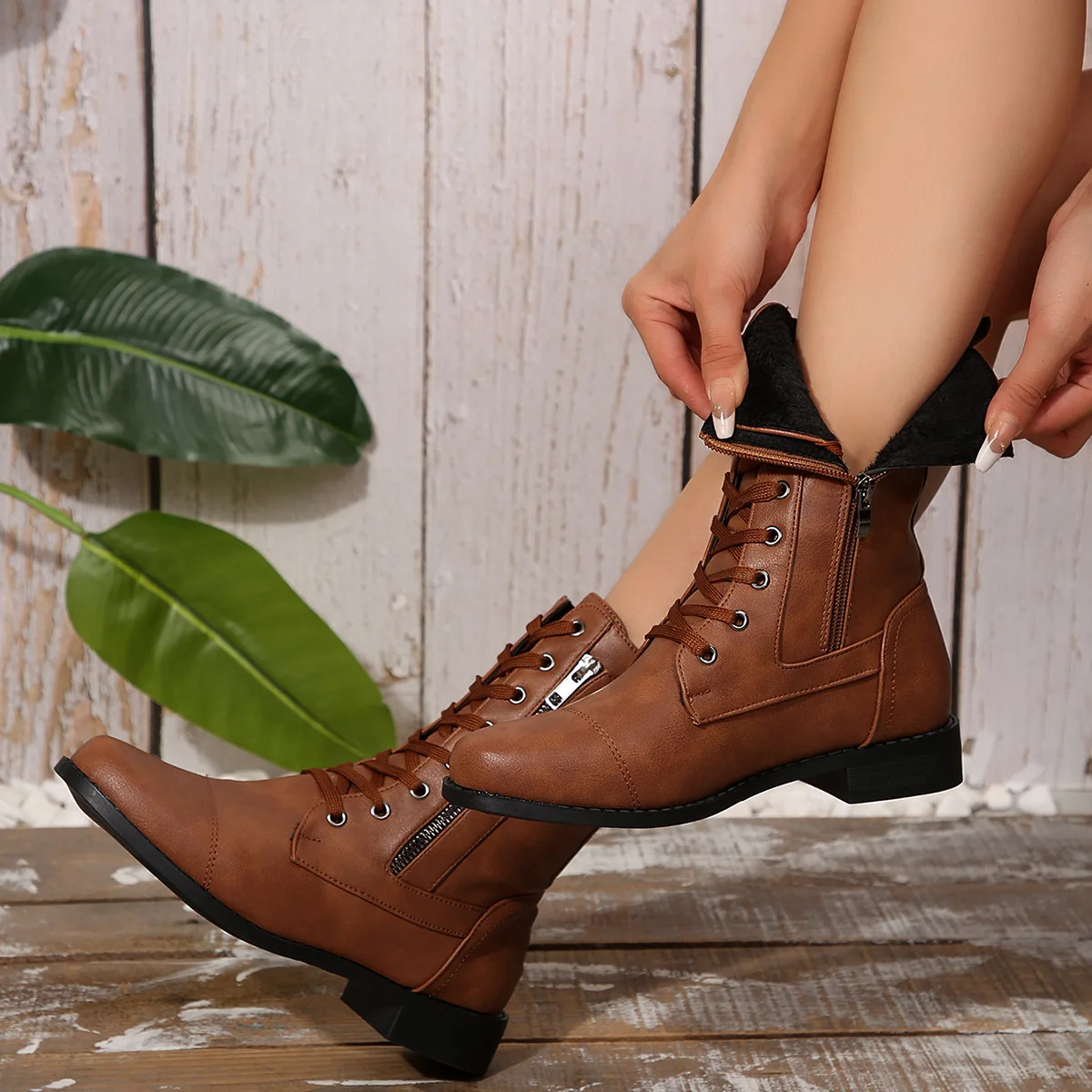Women's Square Heels Mid-Calf Boots Winter New Warm Short Plush Lining Round Toe Side Zipper Thick Heel PU Leather Knight Boots