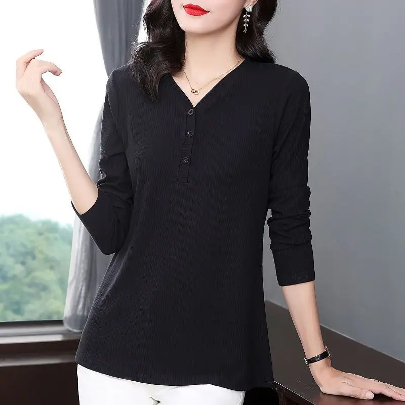 Women Korean Fashion V Neck Long Sleeve Button Basic T-shirt 2024 Spring Autumn Casual Solid Loose Pullover Tops Ropa De Mujer