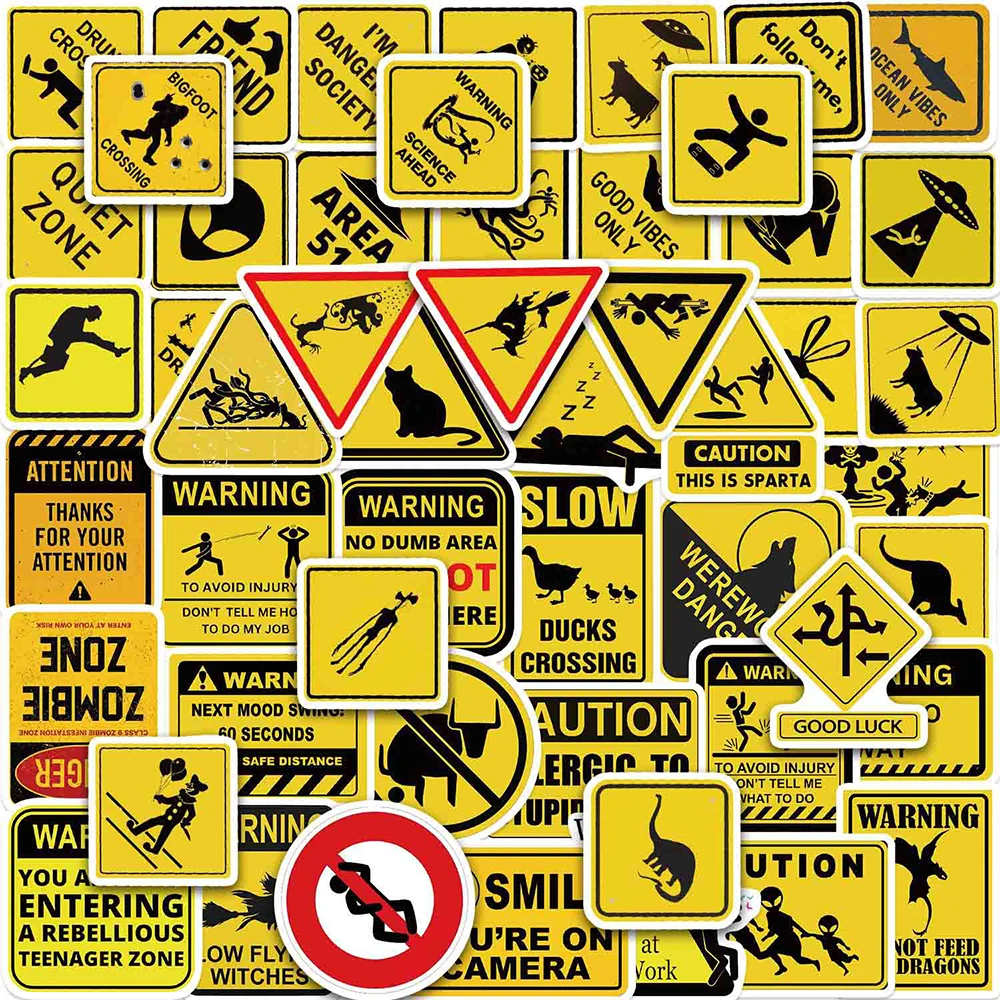 10/30/50pcs Funny Cartoon Warning Sign Stickers Waterproof Graffiti Luggage Motorcycle Phone Helmet Cool Decoration Sticker Pack