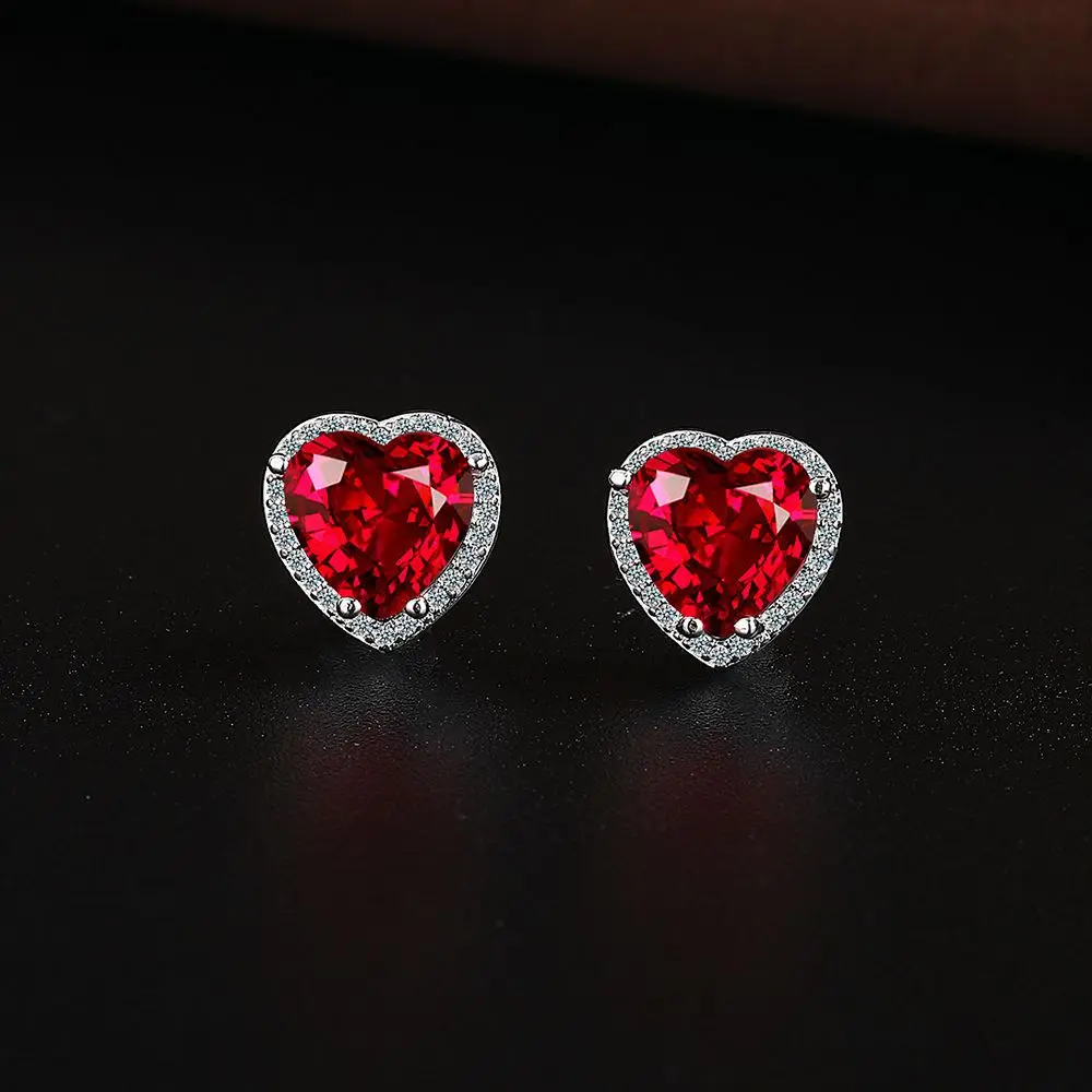 Heart Cut Created Red Ruby Natural Garnet 925 Sterling Silver Stud Earring For Women Delicate Gemstone Jewelry Brincos de Prata