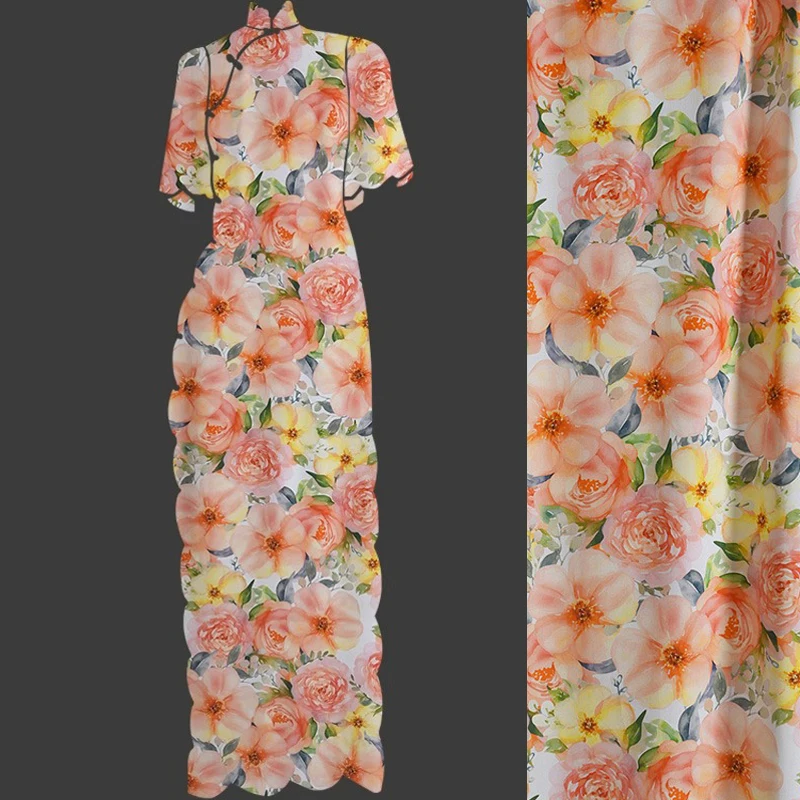 145CM Wide 200G/M 100% Rayon Fabric,Summer Thin Soft Dress Cheongsa Blouse Fabric with Gorgeous Orange Floral Printed R438