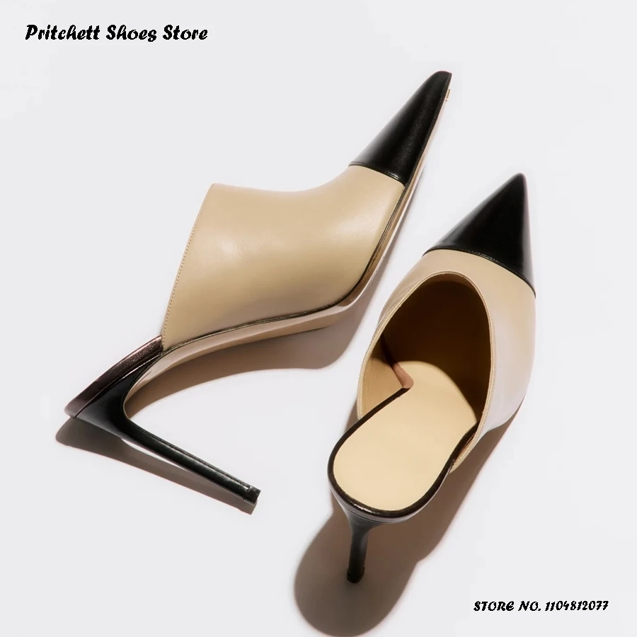 

Женские кожаные сабо на шпильке в стиле пэчворк, весенне-летние элегантные офисные туфли-лодочки, вечерние тапочки на тонком каблуке с острым носком