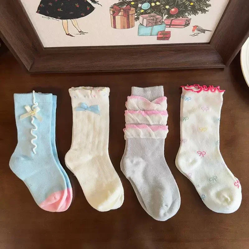 4 Pairs Trendy Cotton Kids Girls Ankle Socks Gossip Bow Ties Cute Sweet Soft Comfortable Non-slip Socks For Children Girls