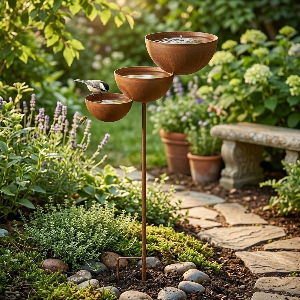 Metal Bird Watering Station Catcher Stake Bath Station Three Tiered Catcher Bath Pollinator Station Metal Bird