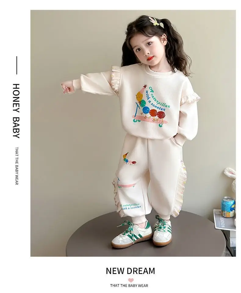 1-8 Jahre Kinder Mädchen Beige Hosen-Sets Cartoon-Muster Langarm Lose Geraffte Pullover-Hoodies + Elastische Taille Weite Hosen 2-teilige Sets – Detail 9