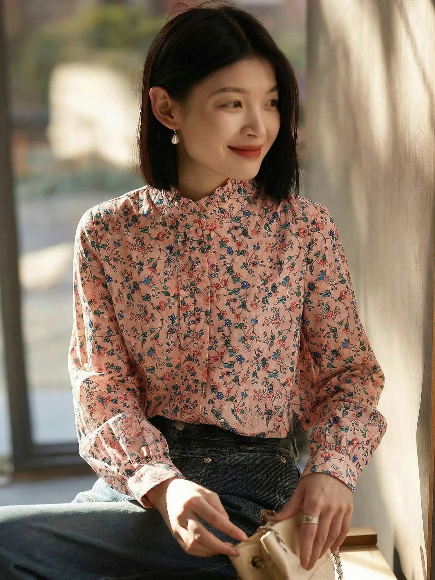 

Retro Silk Floral Casual irt Women's Loose Long Sve Stand Collar Spring 2026 Breathable Comfortable Polyester Blend