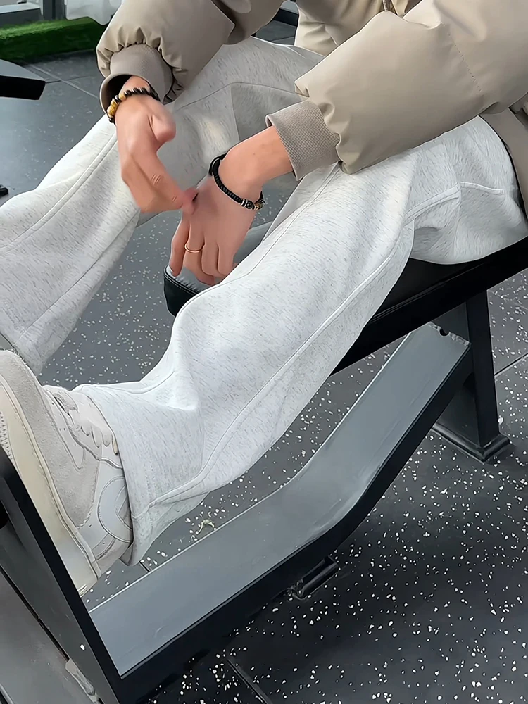 

Светло-серые спортивные брюки в американском стиле, мужские осенне-зимние флисовые спортивные брюки прямого кроя с низкой талией, прямой крой