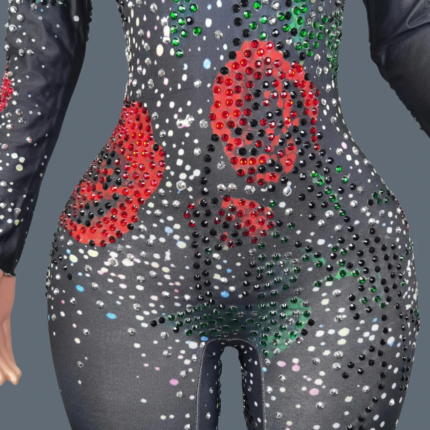 라인 석 로즈 점프 슈트 댄스 의상 여성 섹시한 생일 축하 파티 Shapely Bodysuit 무대 공연 착용