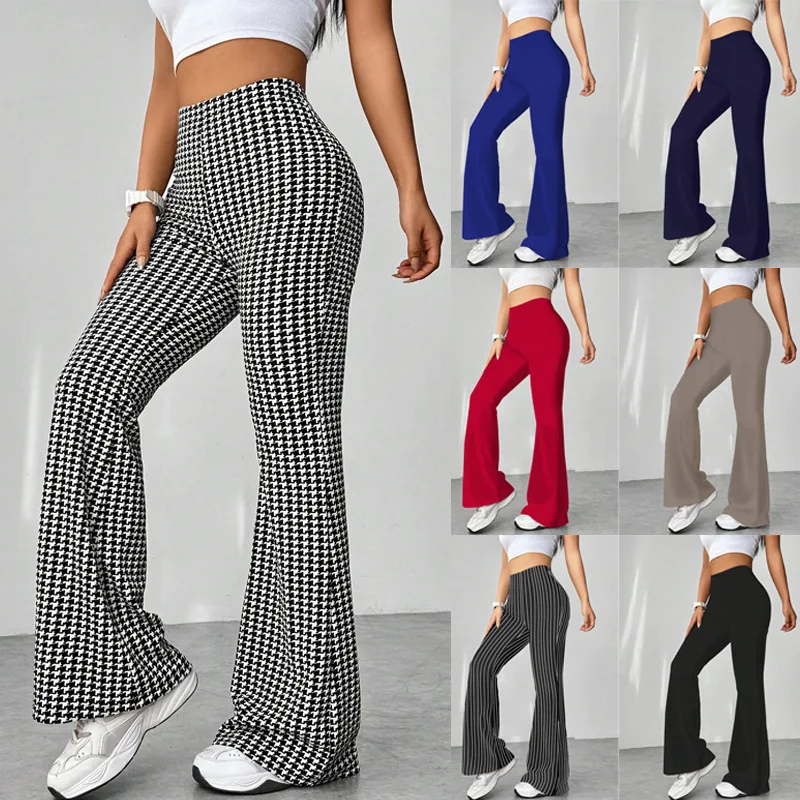 Pantalones Retro de Cintura Alta para Mujer, Pantalones de Verano con Estampado de Pata de Gallo, Corte Ajustado, Estilo Palazzo