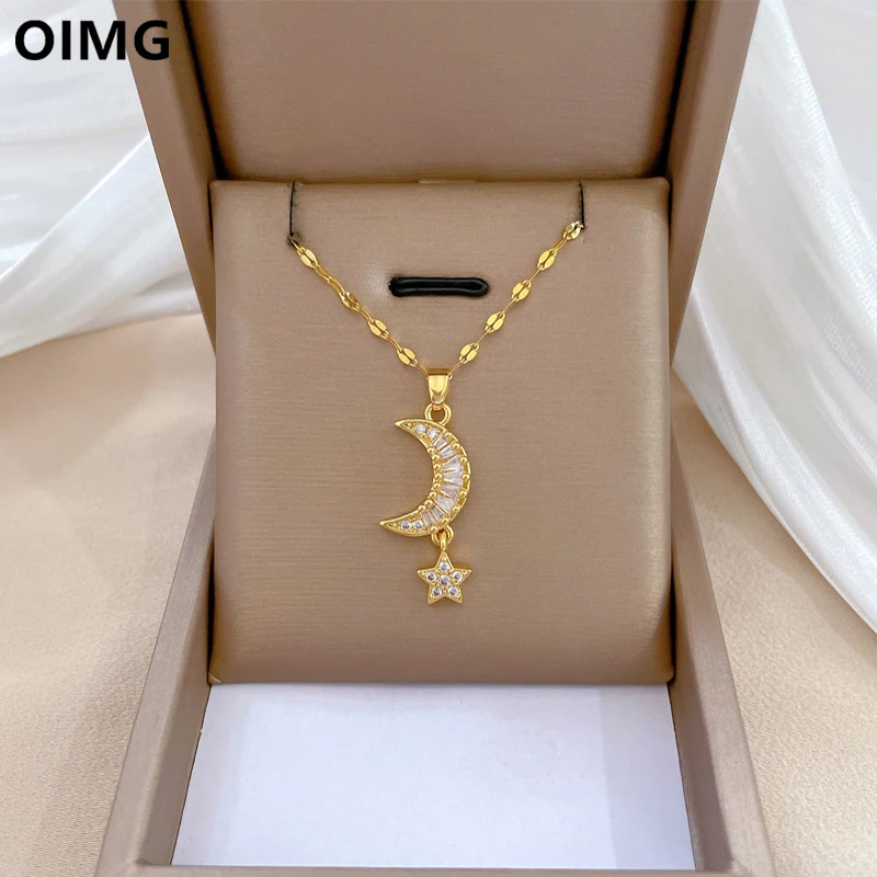 

OIMG 316L Stainless Steel Gold Plated Korean Temperament Moon Star Tassel Pendant Necklace For Women Party Birthday Jewelry Gift