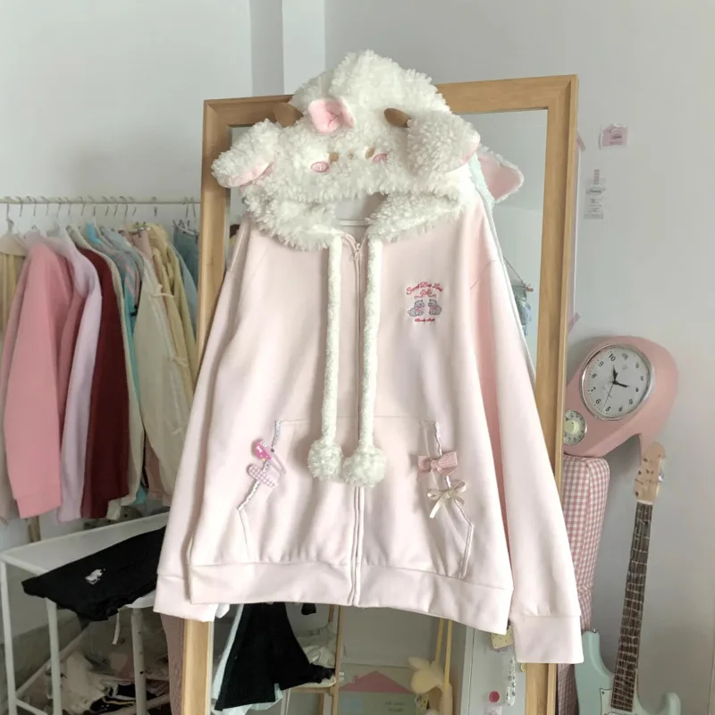 Kawaii Little Sheep Hoodie Long Sleeve Loose Coat Women Sweet Zipper Embroidery Jacket Autumn Female Casual Chic Lovely Overcoat