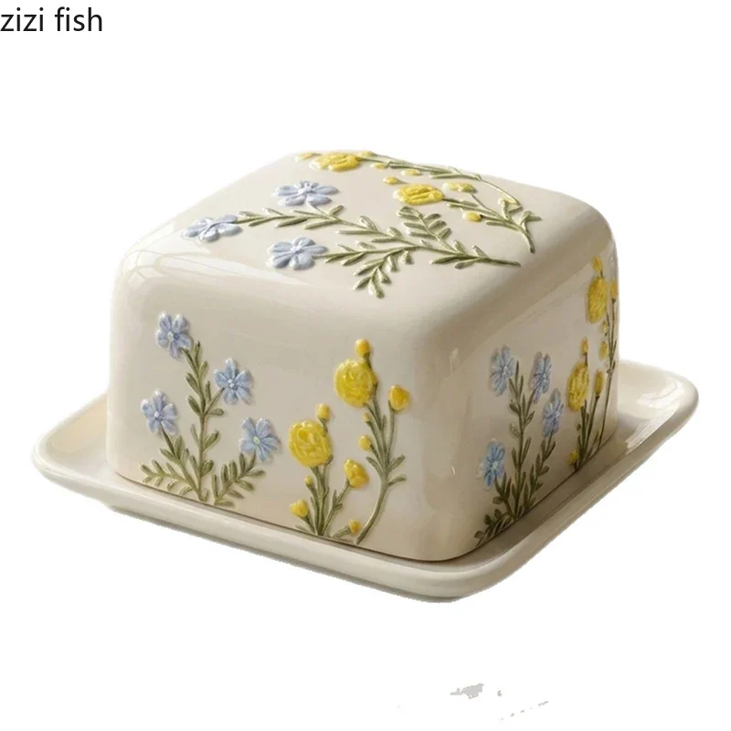 Floral Patterned Ceramic Butter Plate Hand-painted Relief Butter Box Cheese Plate Dessert Snack Plate Household Tableware