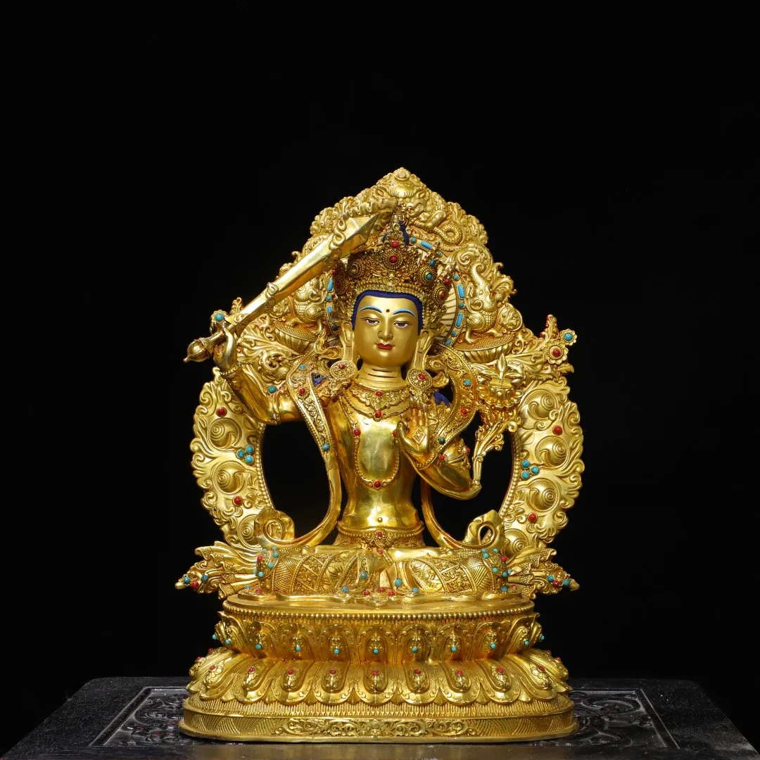 Old Bronze Mosaic Gem Gilded Painted Face Head backlight Manjushri Bodhisattva Standing Buddha Double Lotus Terrace Amitabha