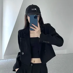 Lucyever Women's Cropped Blazers Coat Vintage Black Notched Collar Office Lady Suit Jacket Korean Casual Long Sleeve Blazer