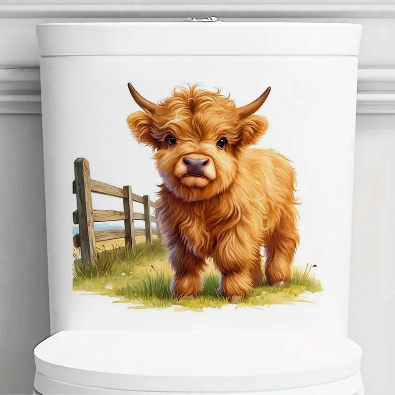 

90620#Baby Highland Cow Self-Adhesive Toilet Stickers,Wall Decal Removable, Reusable Vinyl Car Sticker for Toilet Lid