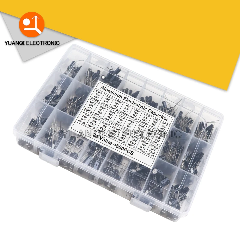 

500Pcs/lot 0.1UF-1000UF 24Values Mix 16V-50V Aluminum Electrolytic Capacitor Assorted Kit And Storage Box