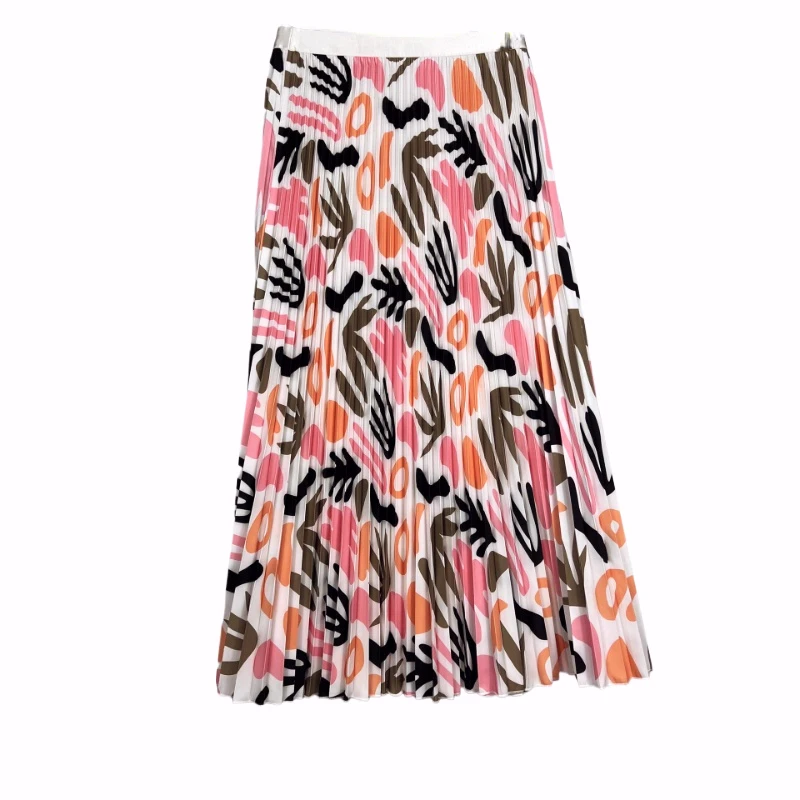 2024 Abstract Print Multicolored Midi Skirt Summer Graphic Print Women Floral Pleated Skirt