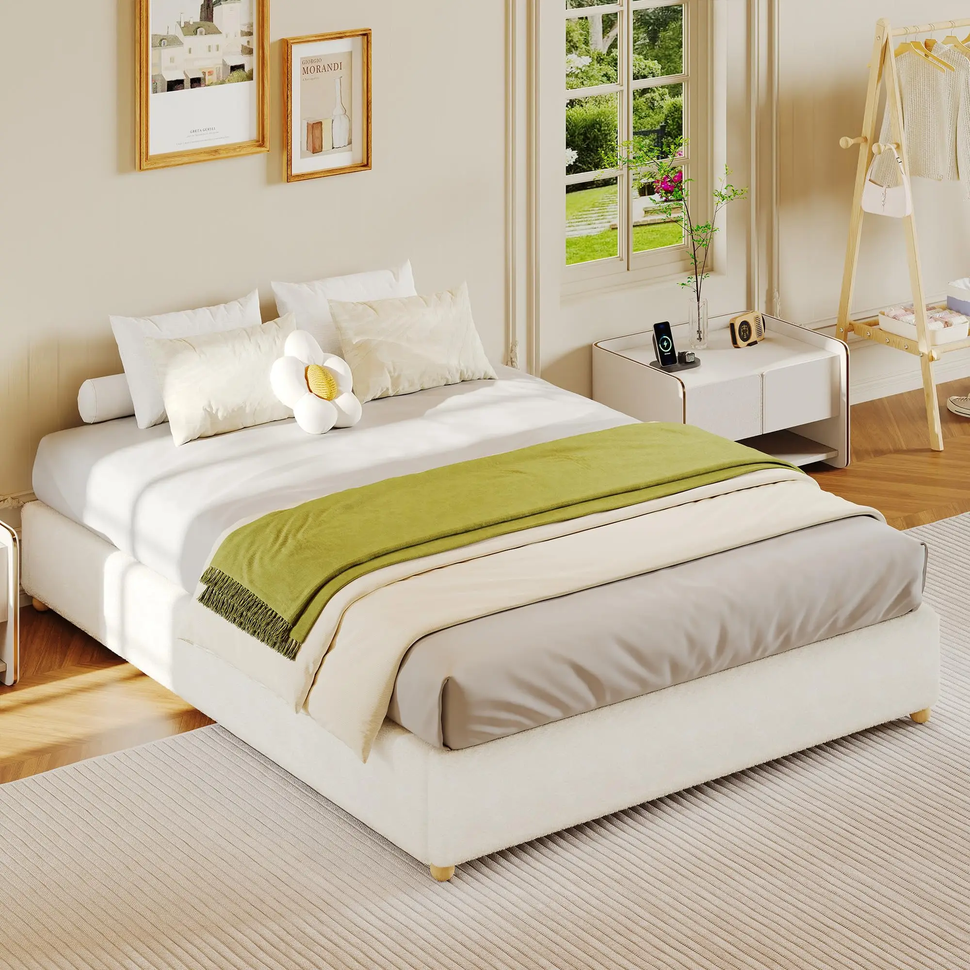 Minimalist Cloud Bed Frame Queen Size - Corduroy Upholstered, Low Platform, Solidified Wood Round Legs, No Headboard, No Box Spring Needed, Quiet & Easy Assembly
