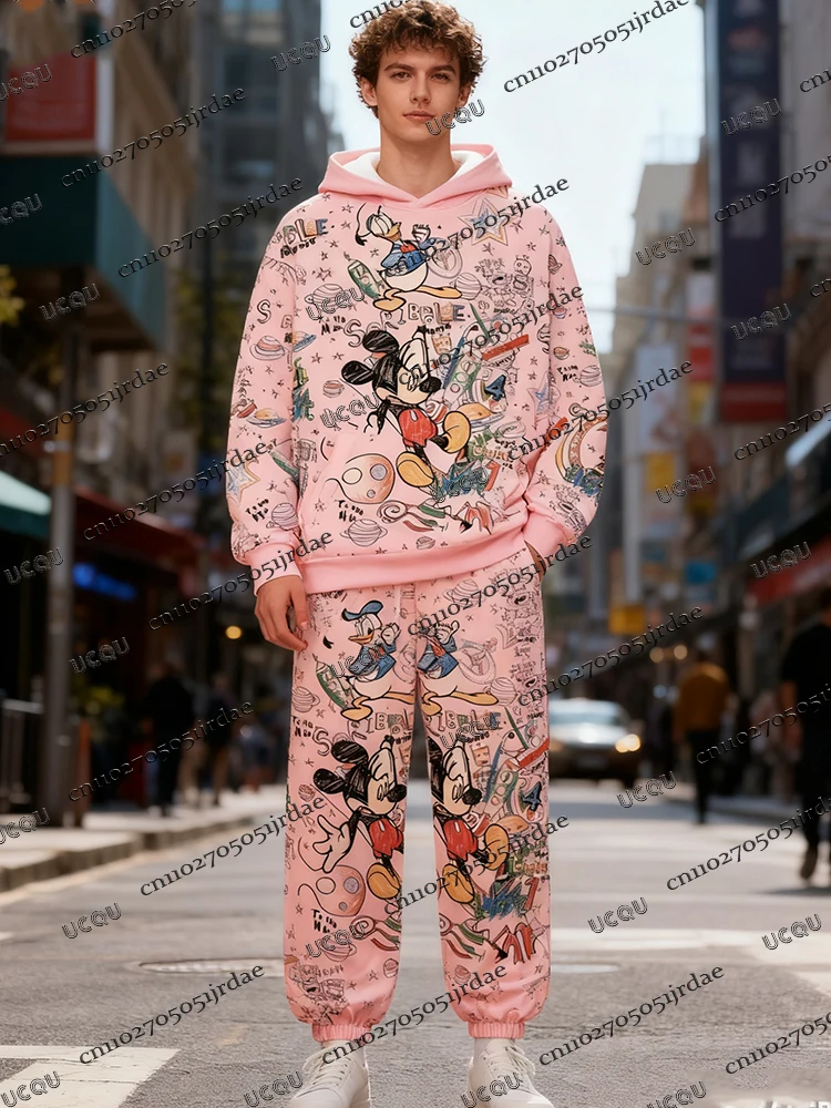 

Спортивный костюм с Микки Дональдом Даком и граффити Disney, костюмы для мужчин, толстовки + длинные брюки, уличная одежда, осенне-зимние мужские комплекты с капюшоном