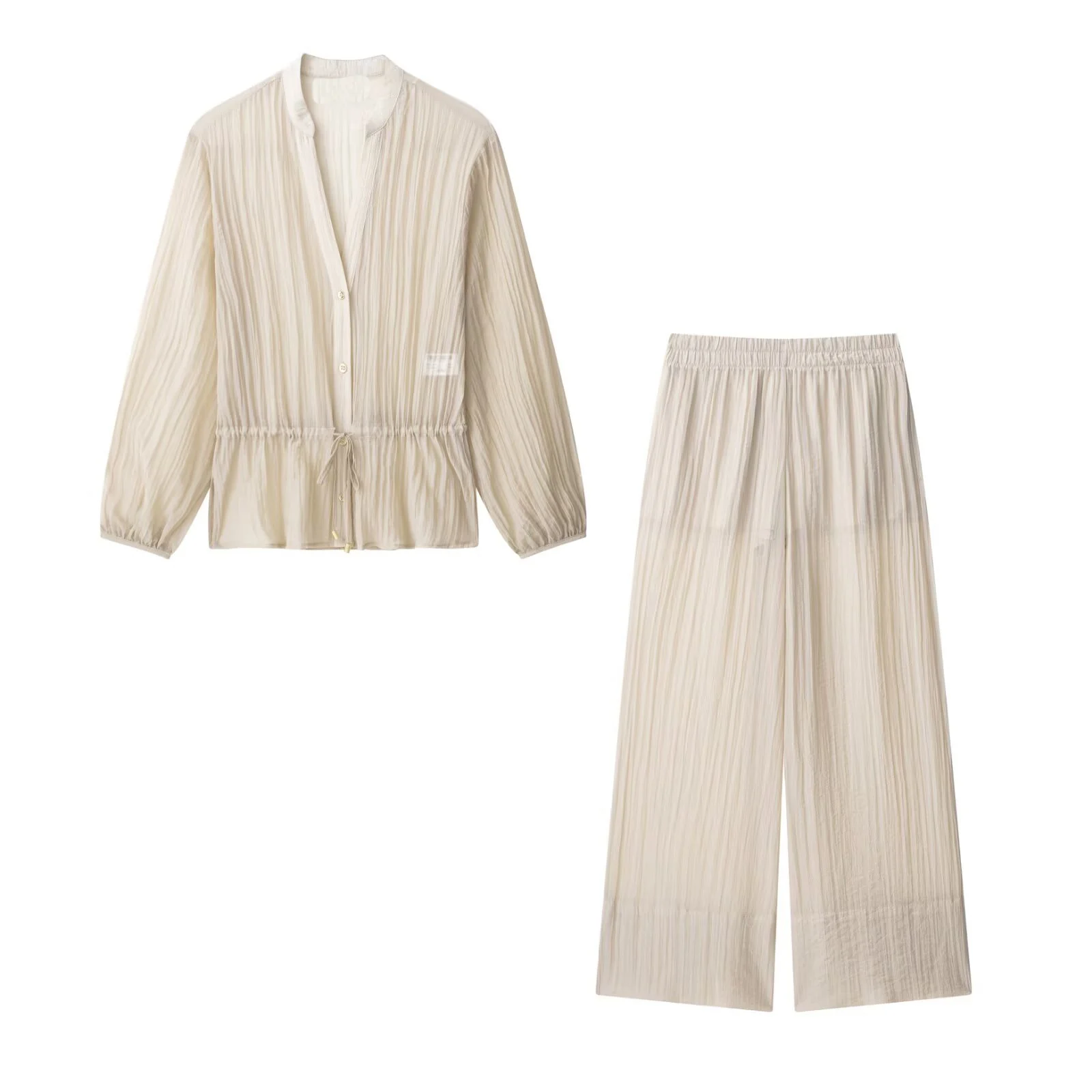 

UNIZERA women's wrinkle effect semi transparent shirt semi transparent wide leg pants temperament summer new pants