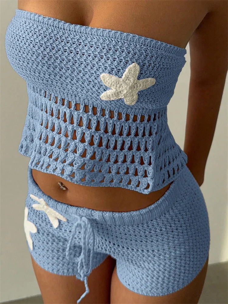 

CHRONSTYLE Women 2 Pieces Crochet Outfits Star Patchwork Knitted Off Shoulder Strapless Crop Tube Tops Elastic Waist Mini Shorts