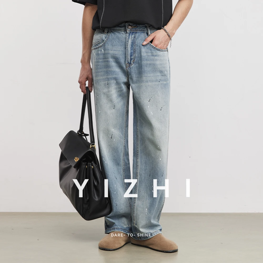 

Мужские винтажные джинсы с эффектом потертости и брызгами краски, лето 2026, свободные прямые широкие брюки в американском ретро-стиле с градиентом