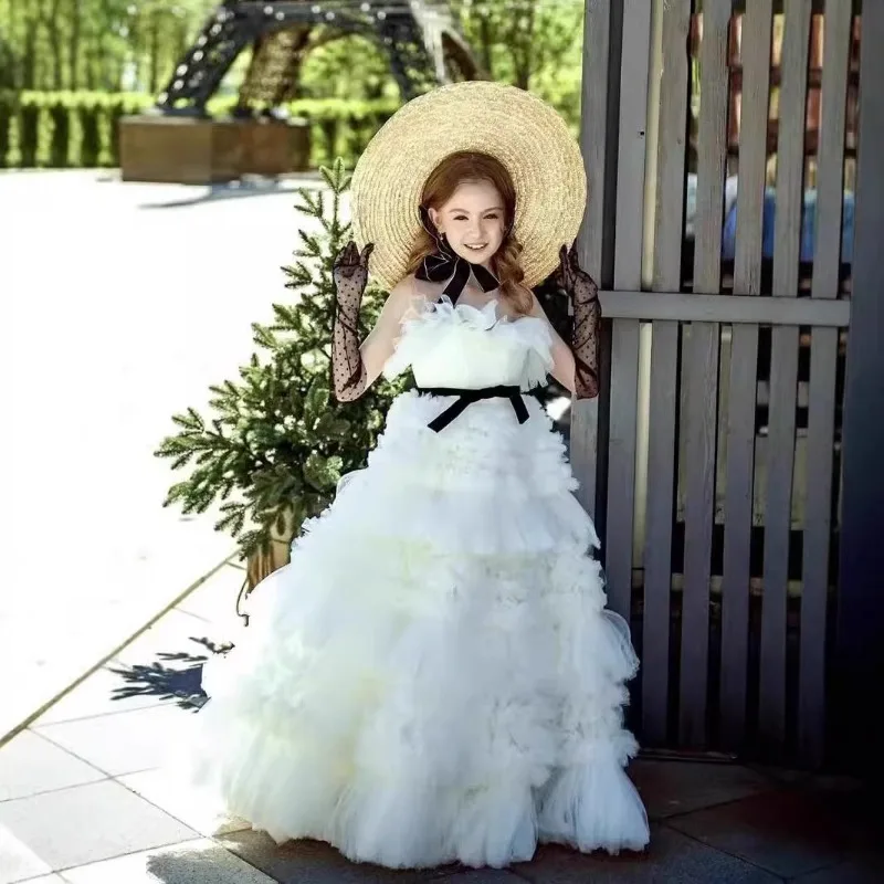 Girls Puffy Tulle Dress Children Princess Party Evening Wedding Birthday Costume Gown for Piano Performance Pageant Host Model