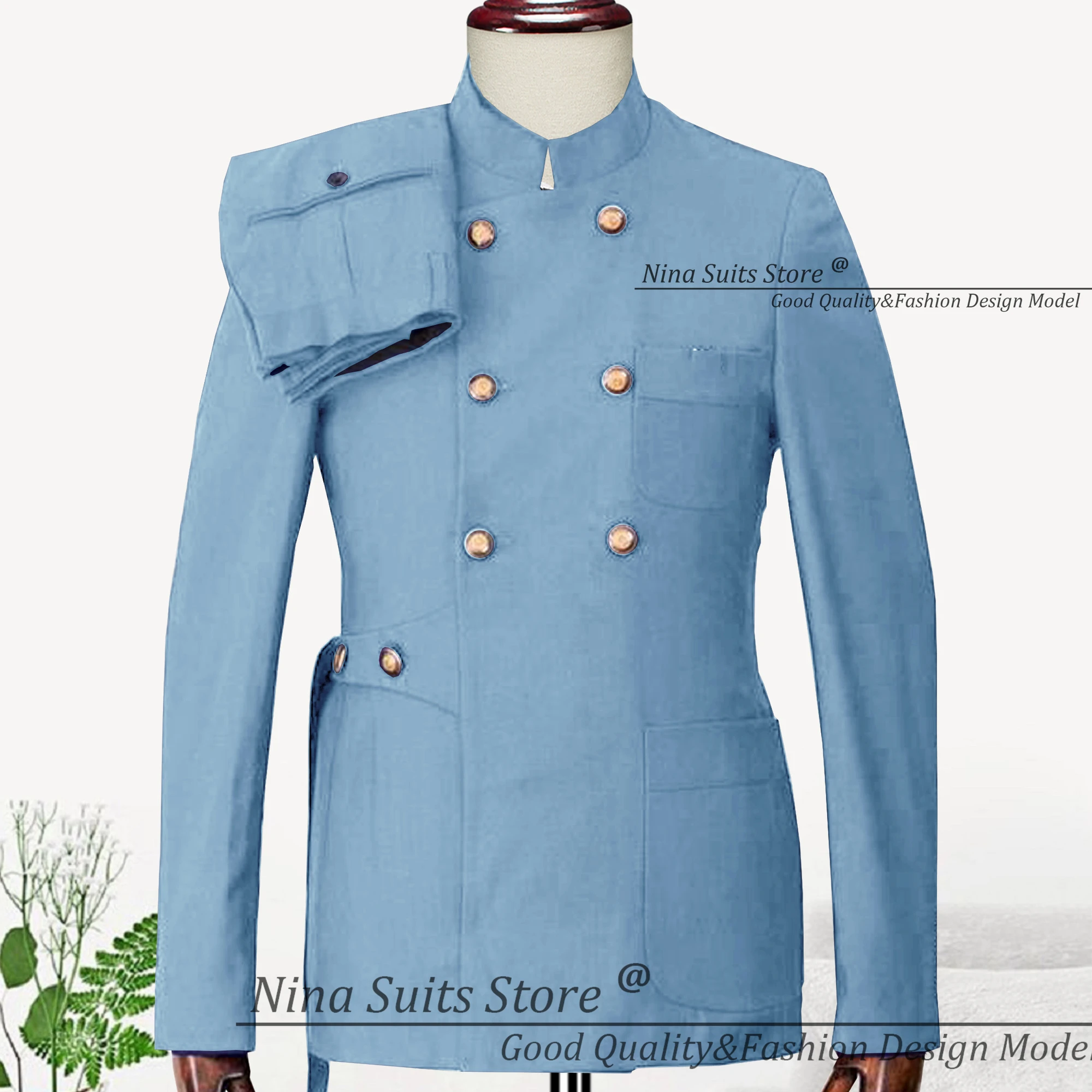 

Мужской костюм с поясом и воротником-стойкой, небесно-голубого цвета