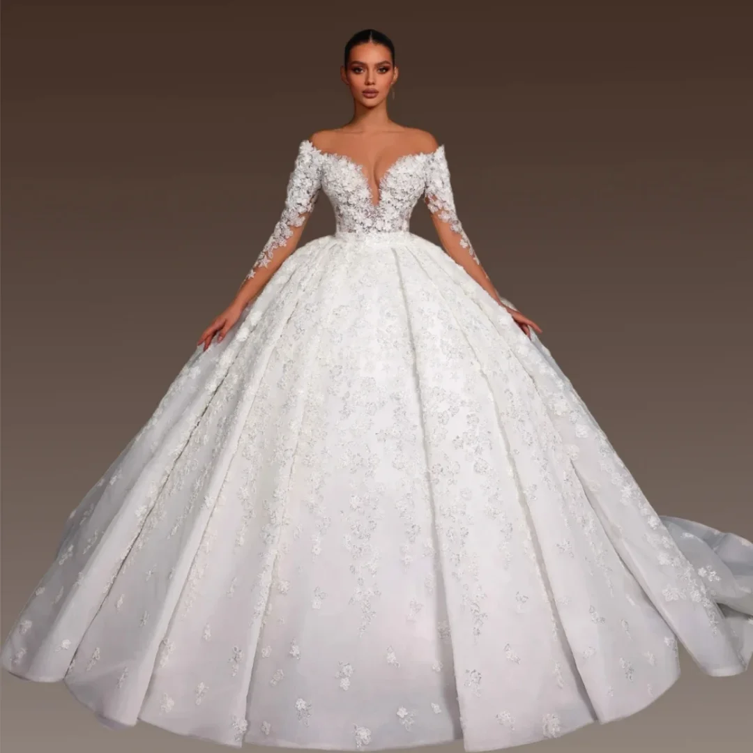Customized Exquisite Lace Appliques Wedding Dress Luxury Shining Beads Off The Shoulder Bridal Gown Wedding Dress With Flowers