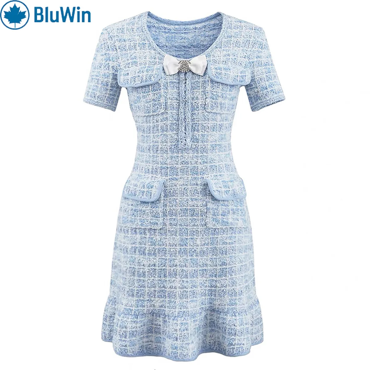 

BluWin Chic Light Blue Tweed Dress – Bow Detail & Pleated Skirt for a Feminine, Elegant Look