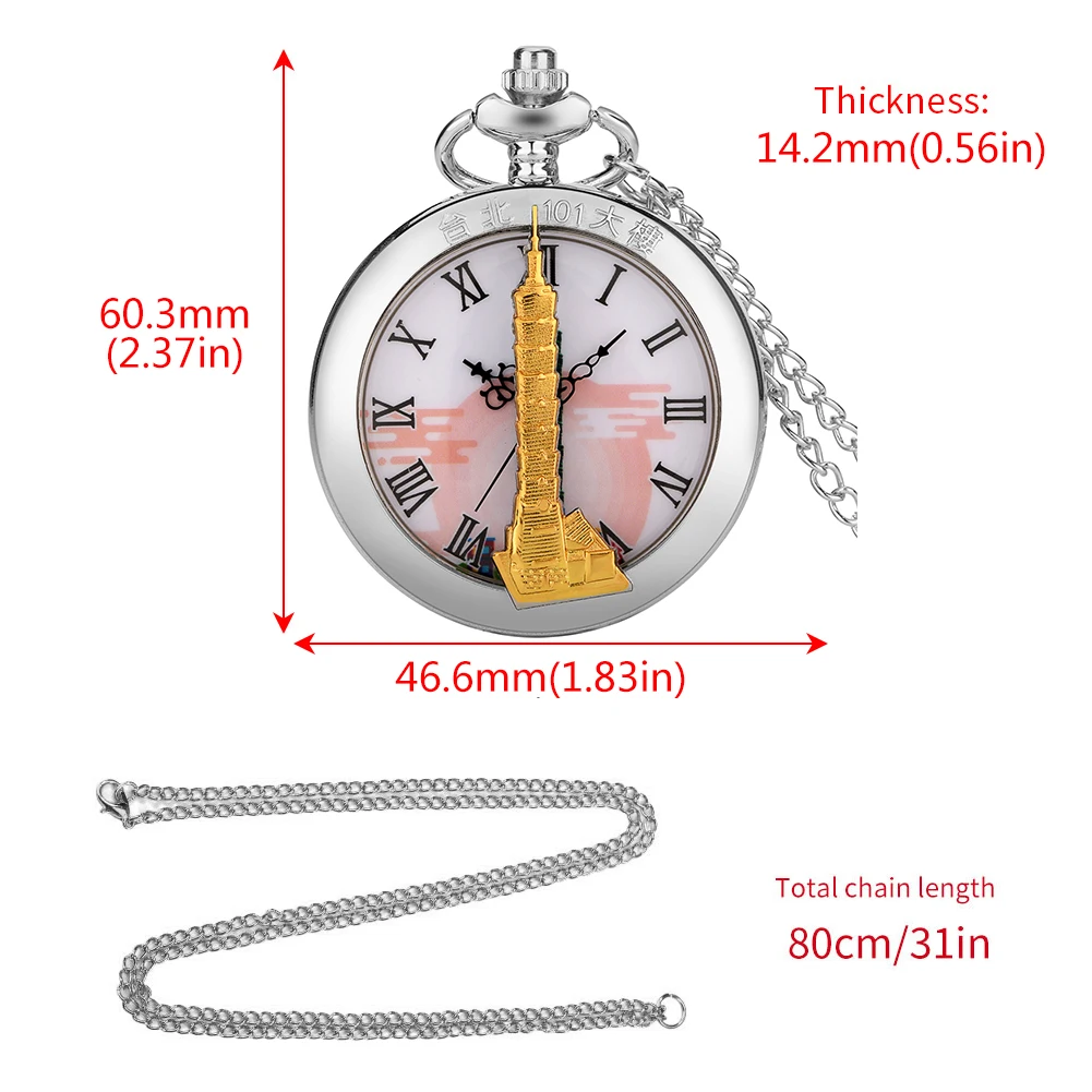 Taipei 101 Building Quartz Analog Pocket Watch Elegant Silver Pendant Necklace Watch Retro Gifts Men Women Half Hunter Clock