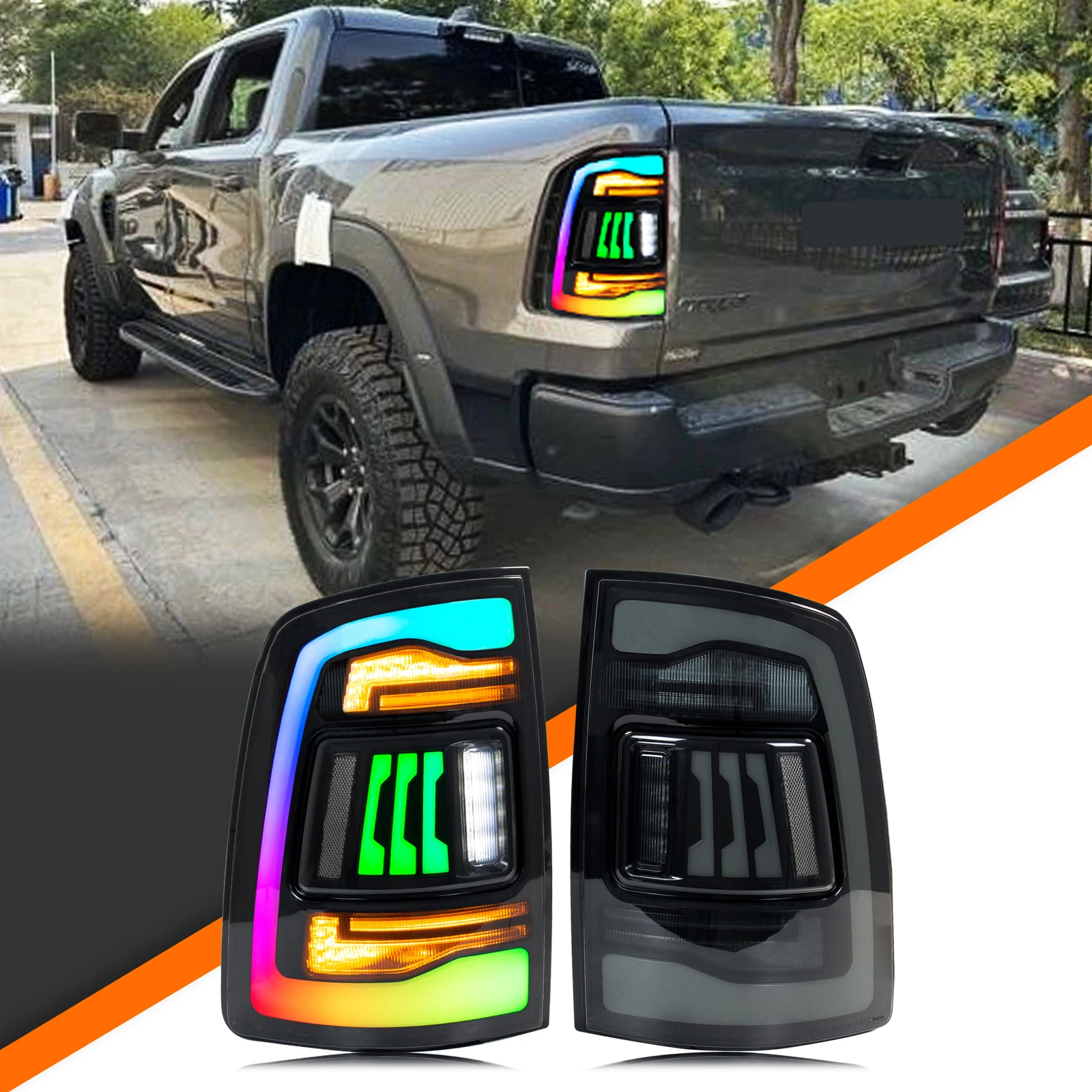 

LED RGB Tail Lights for Dodge Ram 1500 2500 3500 2009-2018 4th Gen Sequential Turn Signal Color Change Rear Lamps Assembly