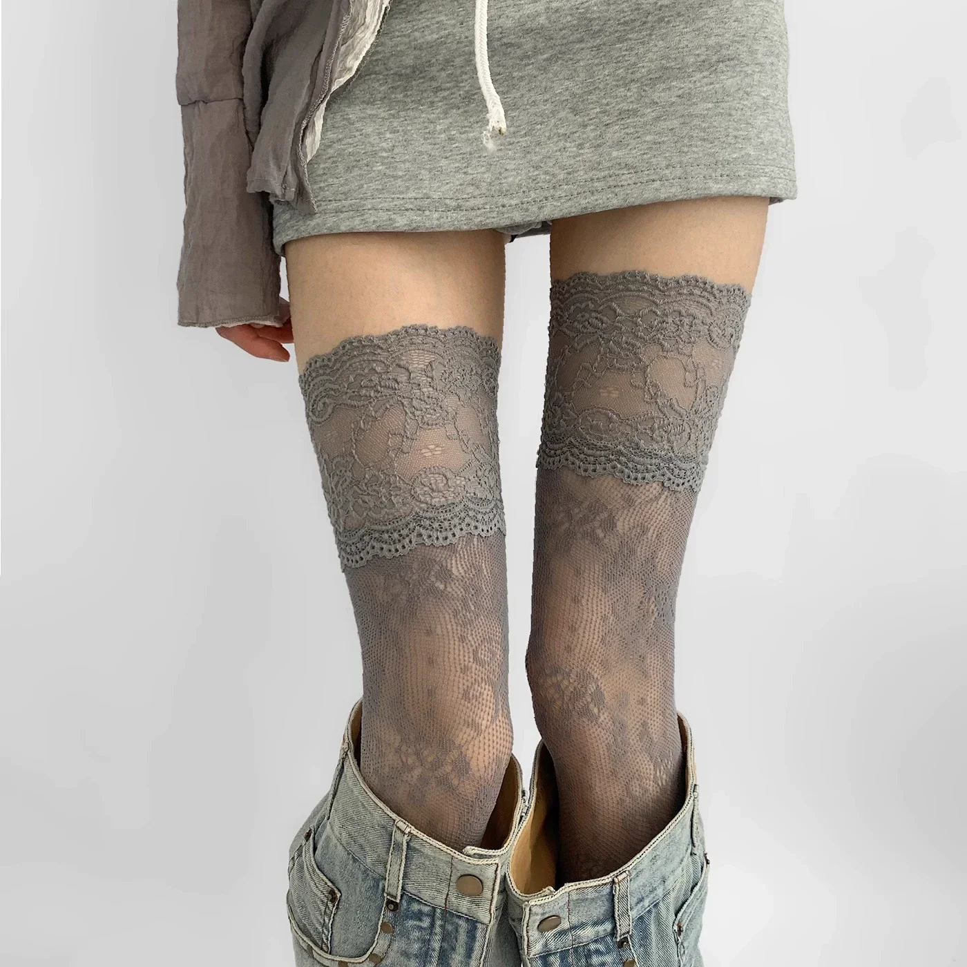 2025 Women Flower Lace Fishnet Thigh High Stockings Japanese Style JK Girl Sweet Lace Trim Frilly Over Knee Long Socks image 6