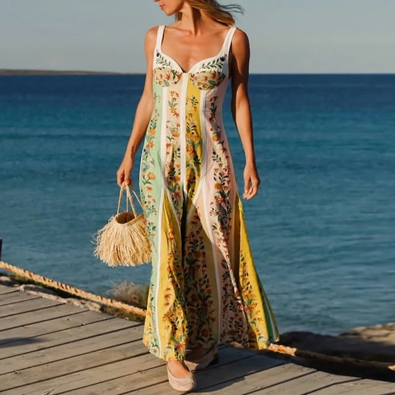 Zomer Vrouwen Diepe V-hals Band Mode Print Lente Zomer Een Lijn Lange Jurk Vrouwen Mouwloze Strand Vakantie Jurken Boho