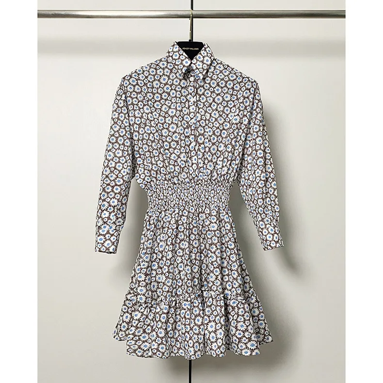 

Women's Vintage Print Two Pieces Suit 2024 New Long Sleeve Waistband Mini Dress or V-neck Sling Short Robe