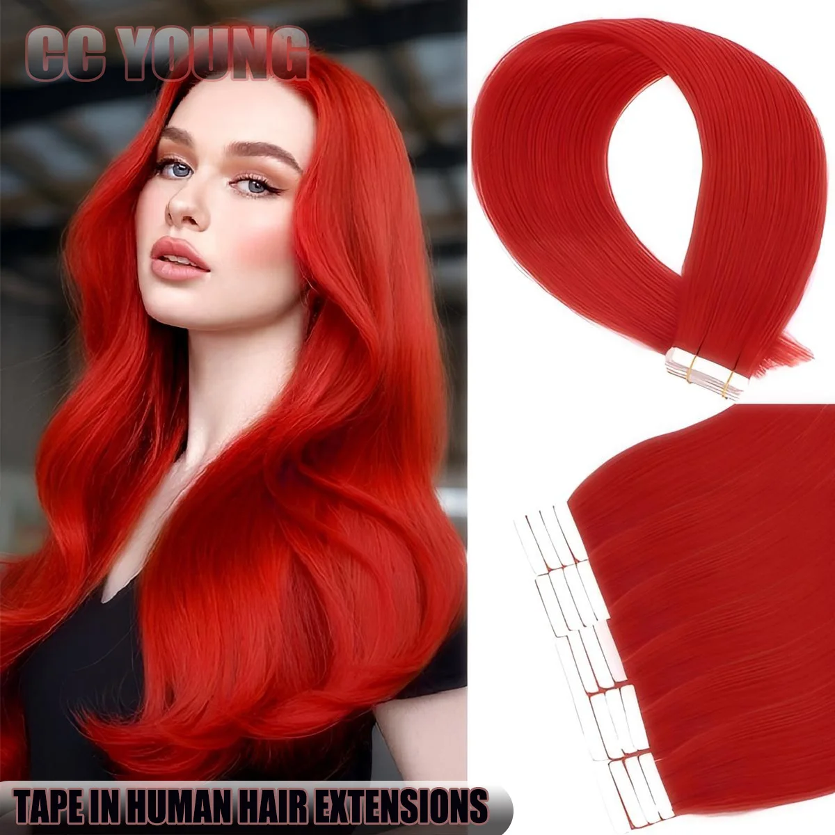 Red Color 20Pcs Tape-In Hair Extensions 100% Remy Human Hair Straight Highlight Color for Women Add Hair Length And Volume 50g