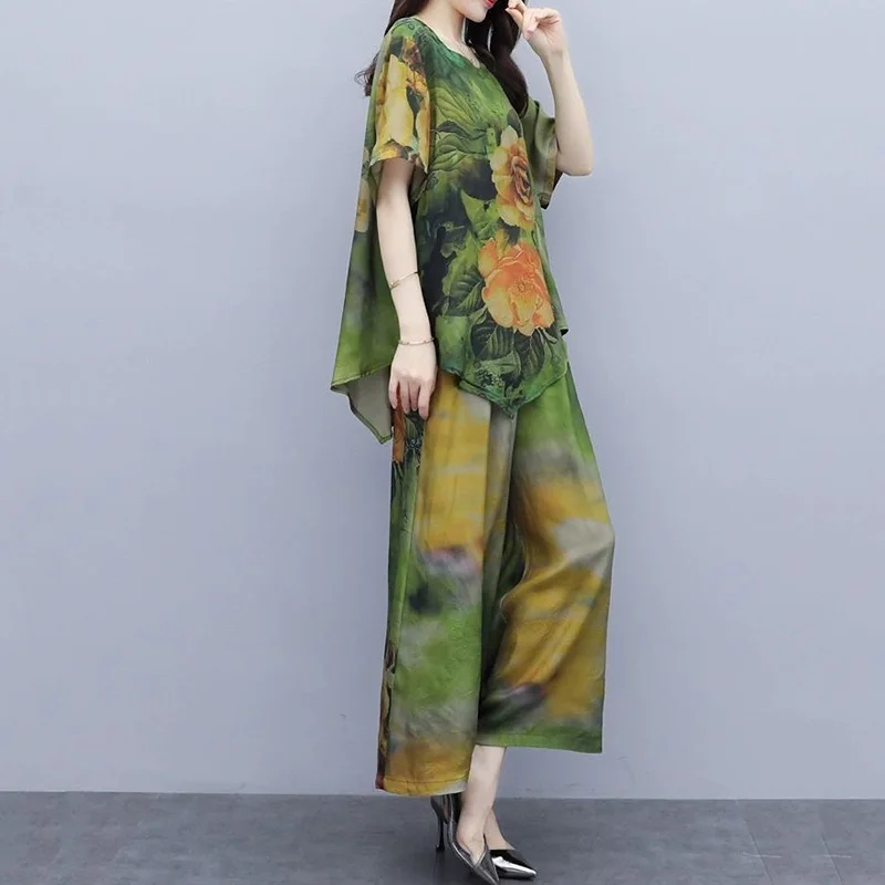 2022 New Spring Summer Two-Piece Women\'s Fashion Print Suit  Female Loose Wide-Leg Pants Lady Casual Retro Tops