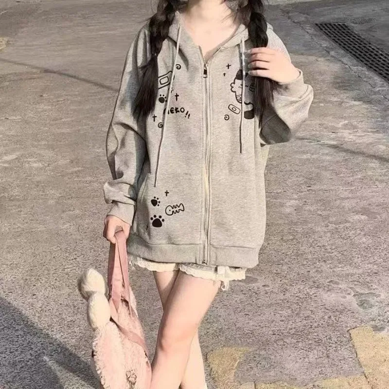 

Spring Autumn Jackets Cute Cat Print Zip Up Hoodie Women Streetwear Sweatshirt Y2k Tops Cartoon Japanese Coat Grunge Grey Hooded