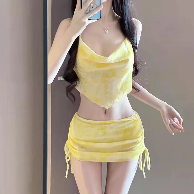 sexy Korean fashion tie dye print halter tie bikini sets 3pcs swimsuit with drawstring wrinkled mini skirt swimwear bathing suit