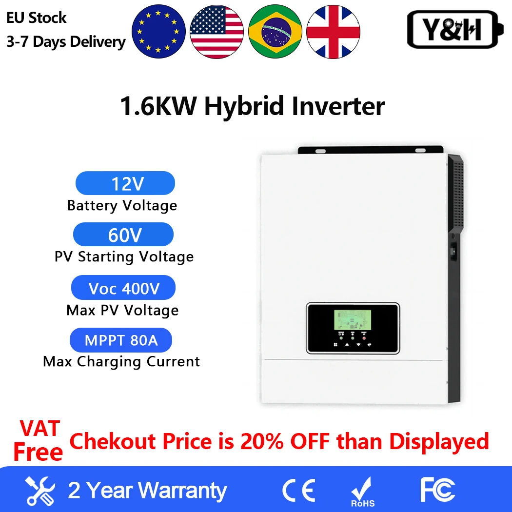 Y&H 1KW 1.6KW 2KVA Hybrid Solar Inverter MPPT off Grid Inverter 12V 220V MPPT 80A Solar ControllerPure Sine Wave Inverter