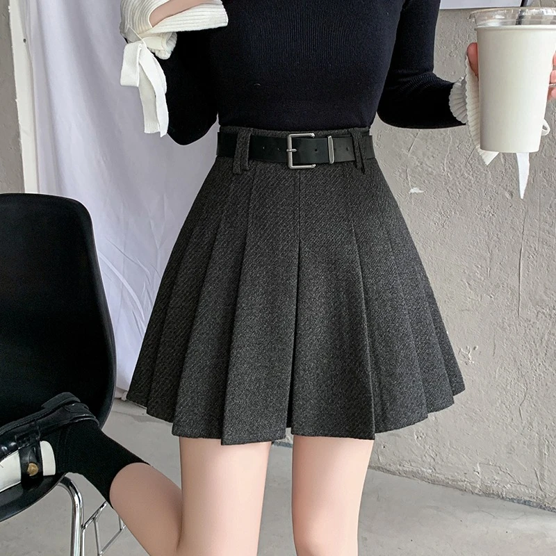

Seoulish High Waist Woolen Skirts for Women 2025 New Winter Elegant Office Lady Style Solid A-line Pleated Mini Women's Skirts