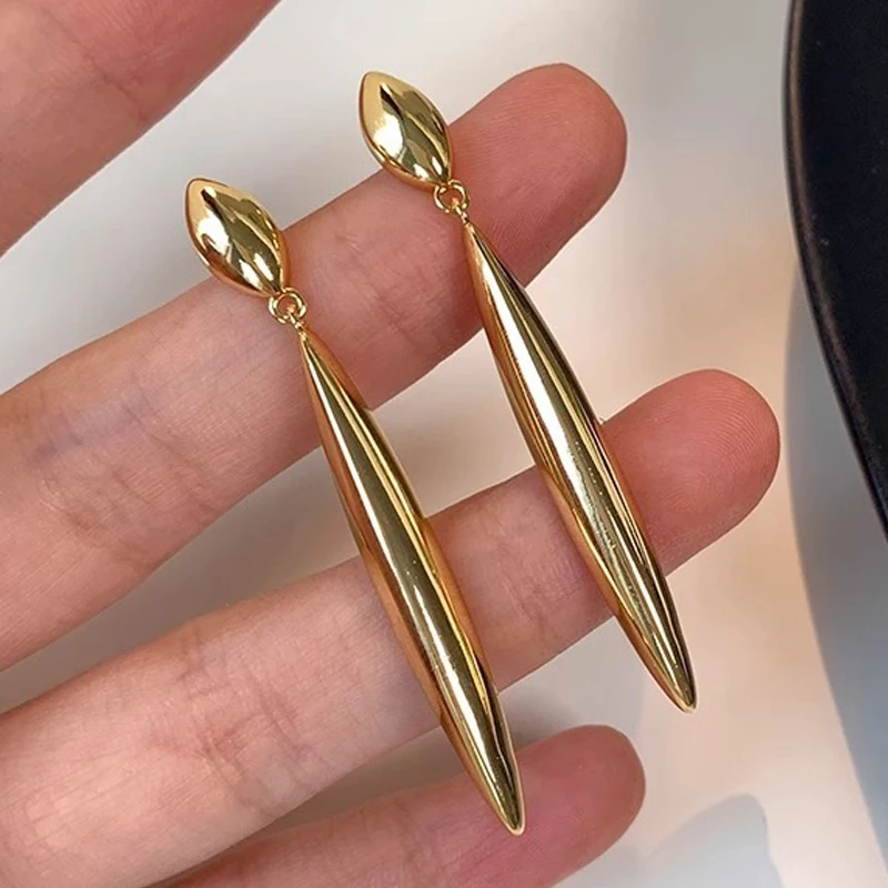 Trendy Long Water Droplets Dangle Earrings for Women Golden Color Metal Oval Drop Earrings Vintage Simple Geometry Jewelry Gift