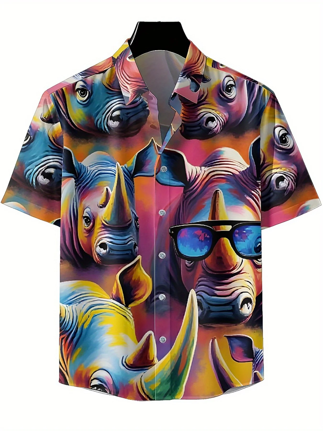 Men's Plus Size Hawaiian Shirts Rainbow Rhino Trend Pattern, Button Up Shirts, Unisex Casual Clothing, Summer Tops