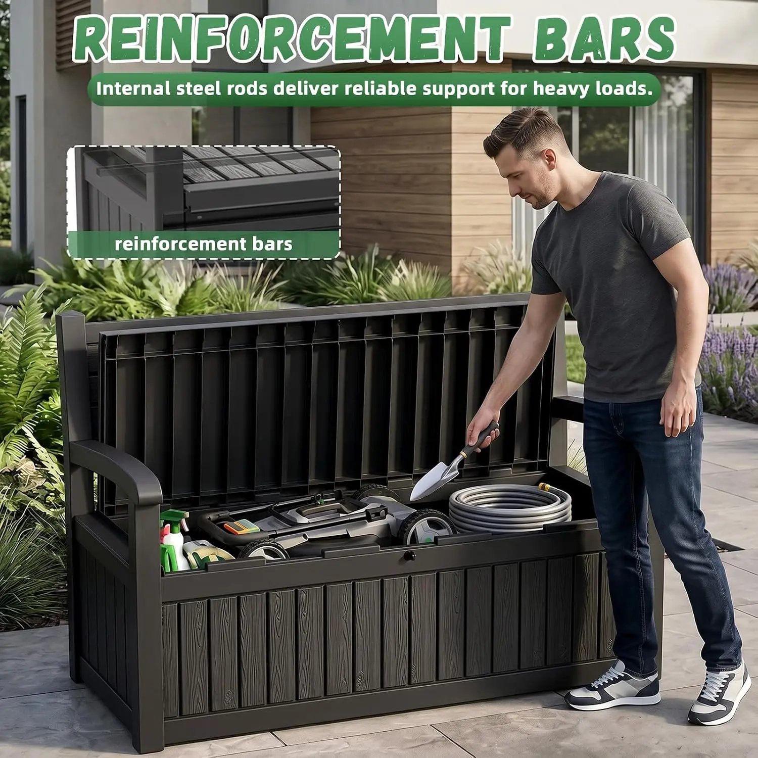 Large Outdoor Storage Bench Deck Box Waterproof Resin Lockable Furniture Container Outside Organizer For Porch Patio Pool Garden Cushion Tool Black view 3